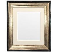 FRAMES BY POST Firenza Antique Distressed Black and Gold Picture Photo Frame Plastic Glass with Ivory Mount A1 Picture Size A2