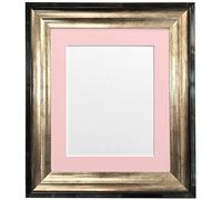 FRAMES BY POST Firenza Antique Distressed Black and Gold Picture Photo Frame Plastic Glass with Pink Mount 8"x6" for Picture Size 6"x4"