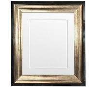 FRAMES BY POST Firenza Antique Distressed Black and Gold Picture Photo Frame Plastic Glass with White Mount A3 for Picture Size A4