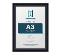 FramesPlus ORNATE Shabby Chic A3 Picture Frame, Black | 29.7 x 42 cm, plastic frame, styrene glazing, holds posters and prints, wall mountable, glossy finish, 25 mm deep