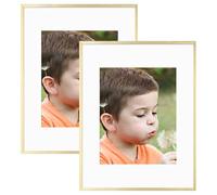 Frametory, 11X14 Metal Picture Frame - Aluminum Thin Molding - Photo Frame with Ivory Color Mat for 8X10 Wall Art & Pre-Installed Mounting Hardware - Real Glass (Gold, 2 Pack)