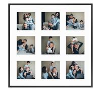 Frametory - 16x16 Aluminum Collage Picture Frame - Display 4x4 Pictures with 9 Openings Mat - Real Glass Front - Horizontal/Vertical Wall Mount - Black 1 Pack