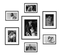 Frametory 7 Pack Aluminum Picture Frame with Mat for Gallery Wall, Black | Set includes one 11x14, two 8x10, four 5x7 frames with glass fronts, removable mats, and built-in hangers for wall mounting