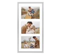 Frametory - 7x14 Aluminum Collage Picture Frame - Display 4x6 Pictures with 3 Openings Mat - Real Glass Front - Horizontal/Vertical Wall Mount - Silver 1 Pack