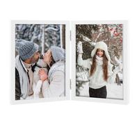 Frametory, Double 5x7 Hinged Picture Frame in White - Stand on Desktop or Tabletop - Definition Glass - Classic Display for Photos and Memories