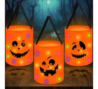 FRAMICS 3 Pcs LED Halloween Candy Bags, Reusable Trick or Treat Light Up Bucket Bag for Kids, Multipurpose Collapsible Halloween Goodie Bags for Holiday Decorations Party Favors, Colorful