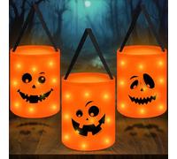 FRAMICS 3 Pcs LED Halloween Candy Bags, Reusable Trick or Treat Light Up Bucket Bag for Kids, Multipurpose Collapsible Halloween Goodie Bags for Holiday Decorations Party Favors, Yellow