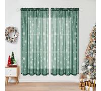 FRAMICS Christmas Sheer Curtains 63 Inch Length Silver Snowflake Foil Print Window Curtains for Living Room Sheer Christmas Curtains Rod Pocket Green Window Curtains for Winter, 52"W x 63"L, 2 Panels