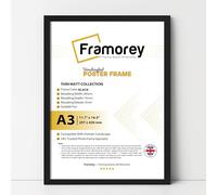 FRAMOREY A3 Black Photo Frame - A3 Picture Frame, 29.7 x 42.0 cm Sleek Thin Matt Engineered Wood, Wall Dispaly Hanging Frames, Certificate Frame For Photo, Poster, Art, Home Decor Frames Plexiglass