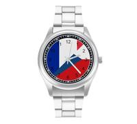 France and Czech Flag Men's Simple Watch with Stainless Strap Fashion Easy Reader Wristwatch Gifts for Men