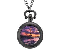 France Evening Paris Clouds Eiffel Tower Vintage Pocket Watch Alloy Pendant Watches Necklace Gift for Men Women Black-Style