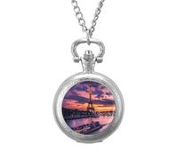 France Evening Paris Clouds Eiffel Tower Vintage Pocket Watch Alloy Pendant Watches Necklace Gift for Men Women Silver-Style
