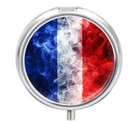 France Flag Smoking Style Pill Box with 3 Compartments and Mirror Cute Metal Round Pill Case for Vitamin Fish Oils