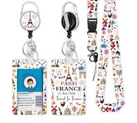 France Lanyards ID Badge, Eiffel Tower ID Badge Holder with Retractable Reel Clip and Keychain, Heavy Duty Vertical Identity Badge Cover Case Protector for Student Teacher Nurse