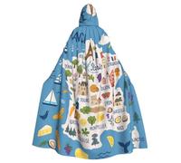 France Map With Icons Decorat Print Adults Hooded Cloak, Halloween Robe Hooded Cape Witch Wizard Cosplay Costumes For Men Women