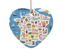 France Map With Icons Decorat Print Christmas Ceramic Decor Gift,Unique Star Heart Shaped Pendant Ornament For Holiday Decor