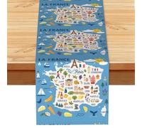 France Map With Icons Decorat Print Linen-Like Table Runner Durable Dining Table Decor For Kitchen Offices Party 13x72 In