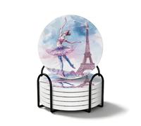 France Paris Ballet Dancer Coasters Set of 6 Round Coasters with Holder