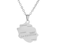 France Reunion Island Map Flag Pendant Necklaces For Women Men Stainless Steel La Réunion Jewellery Gift (Style 2, Silver Colour,60cm Chain)