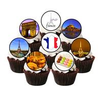 France-Themed Edible Cupcake Toppers - Eiffel Tower Paris Landmarks Food Macarons - 24 x 4cm/1.5 Inch Discs (UNCUT)