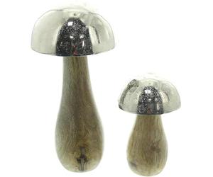 FRANK FLECHTWAREN Mushroom Mango Wood, Set of 2, Mango Wood, Natural, Cast Aluminium, Dimensions: Height 11 cm, 18 cm, Versatile Use