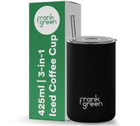frank green Iced Coffee Cup with Straw - Reusable Travel Mug with Lid and Straw, 3-in-1 Ceramic Lined, Stainless Steel Insulated Cup - Midnight Black