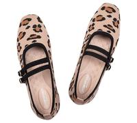 Frank Mully Women's Flats Square Toe Mary Jane Shoes Ballet Flats with Strap Comfortable Slip On Knit Shoes Dressy Casual, Leopard Beige, 7.5 UK