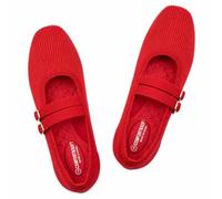 Frank Mully Women's Flats Square Toe Mary Jane Shoes Ballet Flats with Strap Comfortable Slip On Knit Shoes Dressy Casual, Red, 4.5 UK