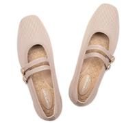 Frank Mully Women's Flats Square Toe Mary Jane Shoes Ballet Flats with Strap Comfortable Slip On Knit Shoes Dressy Casual, Beige, 5.5 UK