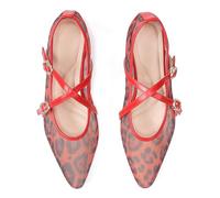 Frank Mully Women's Mesh Mary Jane Flats Criss Cross Ankle Strap Flat Slip On Comfortable Dressy Shoes, Red Leopard, 6.5