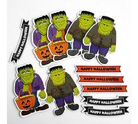 Frankenstein and Happy Halloween Die Cut Craft Decorations Self Adhesive Stickers for Children and Kids (Pack of 6 Characters and 6 Banners)