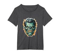 Frankenstein Cartoon Monster Halloween Frankenstein T-Shirt, Women's Plus, Dark Heather Grey, 1X