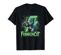 Frankenstein Cat with Stitches and Green Energy Halloween T-Shirt