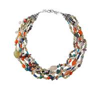 Franki Baker Designer Collection Colourful Multi Strand Natural Gemstone Necklace Turquoise Amethyst Lapis Lazuli Garnet Pearl Carnelian Citrene Tiger Eye Crystal on 925 Sterling Silver.
