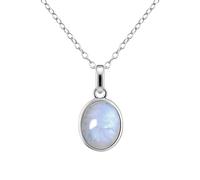 Franki Baker Rainbow Moonstone Oval Gemstone & Sterling Silver Pendant Necklace. Small & Delicate. Pendant Size: 1.8cm. Chain Length: 50cm