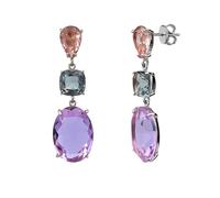 Franki Baker Triple-Drop Gemstone Earrings, Rhodium Plated 925 Sterling Silver, Pink Amethyst Blue/Green Topaz Lavender Quartz, Art Deco Inspired