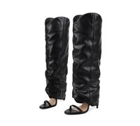 Frankie Hsu Black Slouchy Open Toe Hot Knee High Sandal Heels Boot, Sexy Gladiator Girl Calf Long Summer Bootie For Women, Black, 8 UK