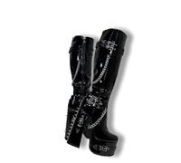 Frankie Hsu Goth Sexy Chunky Platform Knee High Heeled Boots, Black Patent Silver Chain Rivets Gothic, Punk Y2K Hot Girl Big Large Size Wide Calf Long Shoes For Women Men, Black, 5 UK
