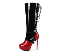 Frankie Hsu Goth Sexy Stiletto Platform Handmade Knee High Heeled Boot, Black Red Patent Gothic Punk Hot Girl Big Large Size Wide Calf Long Lace Up Boots For Women Men, Black, 5.5 UK
