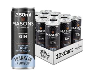 Franklin & Sons Light Tonic & Masons Gin | Premium Ready To Drink Cans | 250ml x 12 Pack | Spirit & Mixer | Gin & Tonic | Zero Additives | Natural Ingredients | Low in Sugar | Light & Refreshing