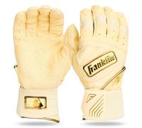 Franklin Sports MLB Batting Gloves - Infinite Powerstrap Baseball Batting Gloves - Durable Full Wrap Cage Practice Gear - Long Cuff Wrist + Heavy Duty Leather - Vanilla/Gold - Adult Small