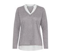 fransa FRREXAN Women's Fine Knit Pullover V-Neck with Attached Collar and Hem, Charcoal Melange (202490), S