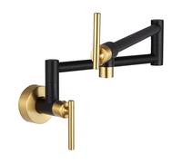 Fransiton Black and Gold Pot Filler Wall Mount Foldable and Elastic Brass with Double Jointed Swing Arm Single Hole Two Handles Kitchen