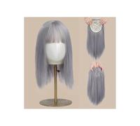 Frauen Haare 16 inch Synthetic Hair Topper for Women Natural Looking Clip in Hair Piece Hair Toppers with Bangs Hairs Extensions(Sliver gray)
