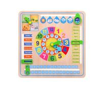Fravsiu Educational Time Clock, Wooden Learning Board, 11 Inch Number Panel with Hands, Pine Study Calendar, Classroom Training Tool with Icons, Preschool Activity Set for Children Study Room
