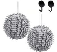 Frbryak 2 Pcs Fuzzy Ball Hand Towels, Microfiber Chenille Hand Towel Balls for Bathroom with Hanging Loop, Soft Fast Drying Decorative Hand Bath Towels with 2 Hooks (2 Grey)