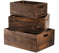 Frcctre Set of 3 Wooden Storage Boxes with Handles, Farmhouse Wood Decorative Boxes, Rustic Handmade Storage Containers, Natural Solid Wood Basket