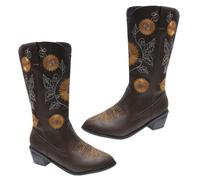 FRCOLOR 1 Pair Chunky Heel Mid Tube Winter Boots for Women Fashionable Embroidery Pattern Outdoor Footwear Slip Resistant Sole Easy to Clean PU Material Stylish Comfortable Design