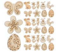 FRCOLOR 100pcs Wooden Easter Craft Slices DIY Unfinished Bunny Egg Chicken Flower Butterfly Cutouts for Painting and Party Decoration Set Random Style