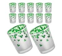 FRCOLOR 12pcs St Patrick’s Day Green Glass Tea Light Holders with Shamrock and Four-leaf Pattern, Irish Candle Cups for Holiday, Dinner Table, and Tiered Tray Decor